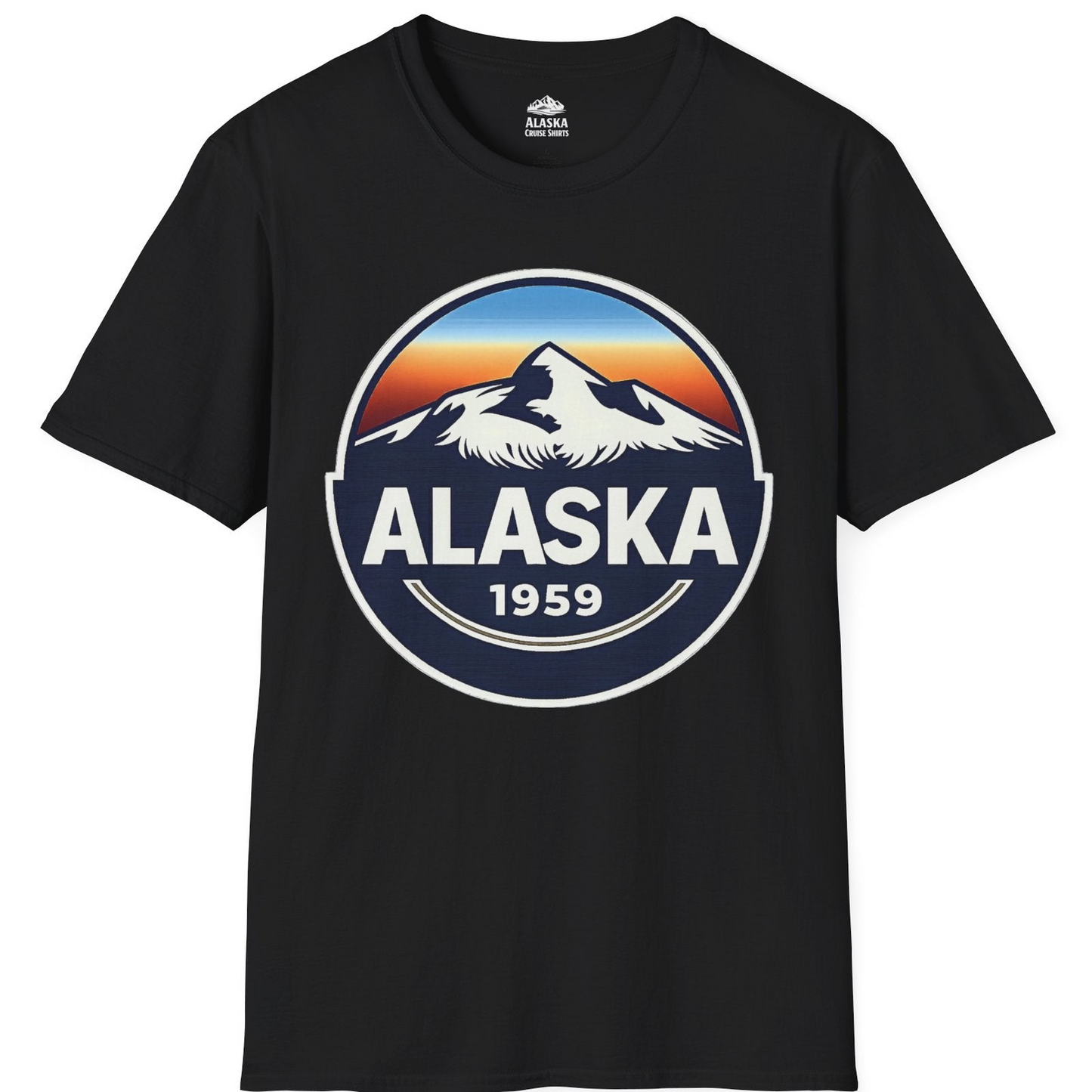 Alaska 1959 Retro Mountain Sunset Badge Shirt Vintage Statehood Tee — T-Shirt T-Shirt – Black – Alaska Cruise Shirts