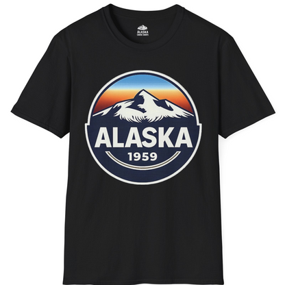 Alaska 1959 Retro Mountain Sunset Badge Shirt Vintage Statehood Tee — T-Shirt T-Shirt – Black – Alaska Cruise Shirts