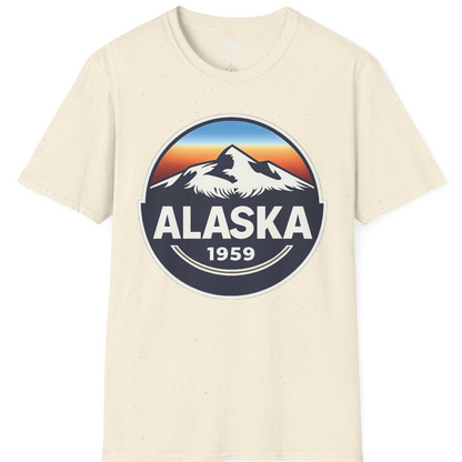 Alaska 1959 Retro Mountain Sunset Badge Shirt Vintage Statehood Tee — T-Shirt T-Shirt – Natural – Alaska Cruise Shirts