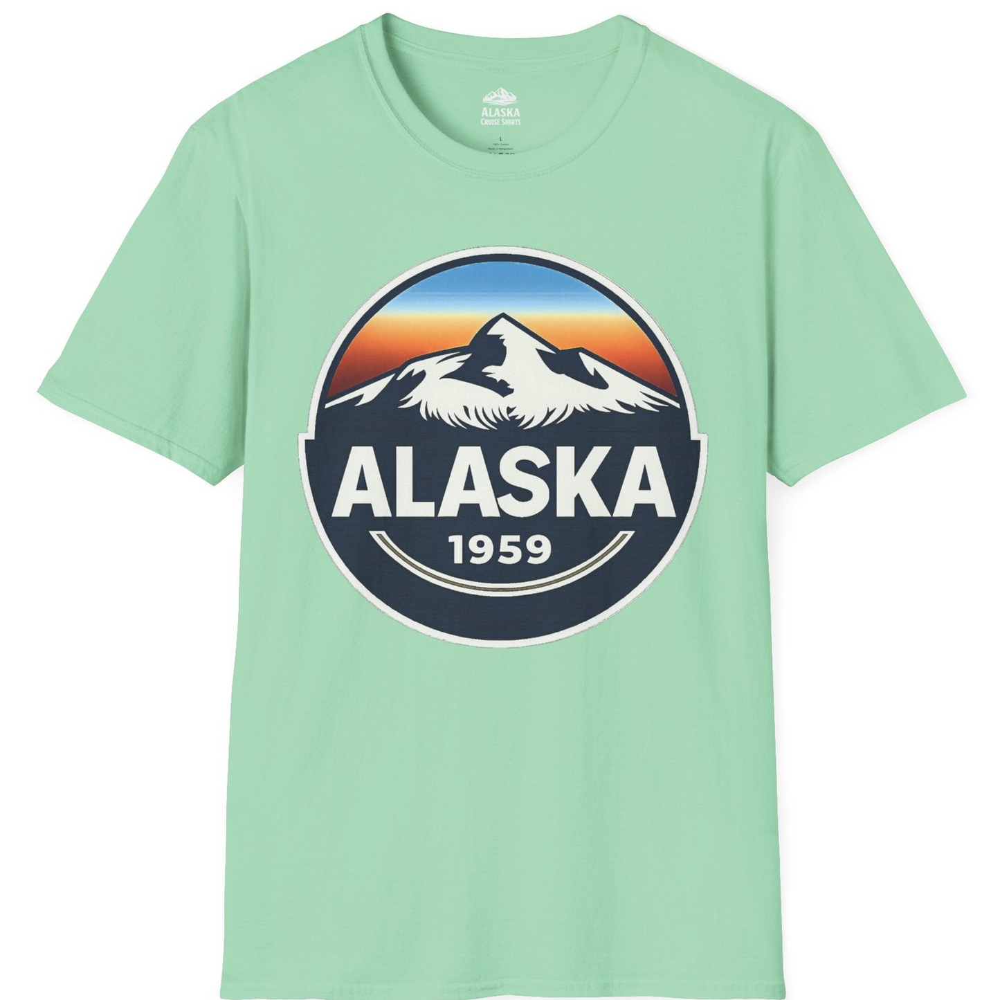 Alaska 1959 Retro Mountain Sunset Badge Shirt Vintage Statehood Tee — T-Shirt T-Shirt – Mint Green – Alaska Cruise Shirts