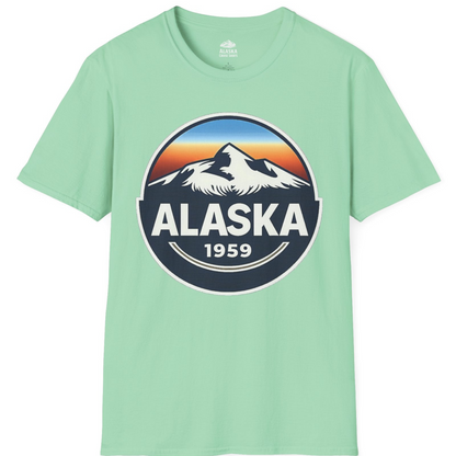 Alaska 1959 Retro Mountain Sunset Badge Shirt Vintage Statehood Tee — T-Shirt T-Shirt – Mint Green – Alaska Cruise Shirts