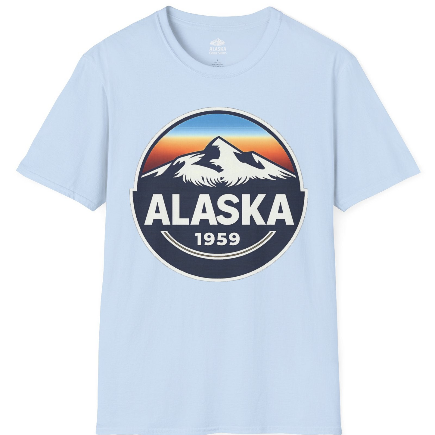 Alaska 1959 Retro Mountain Sunset Badge Shirt Vintage Statehood Tee — T-Shirt T-Shirt – Light Blue – Alaska Cruise Shirts