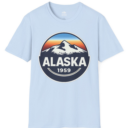 Alaska 1959 Retro Mountain Sunset Badge Shirt Vintage Statehood Tee — T-Shirt T-Shirt – Light Blue – Alaska Cruise Shirts