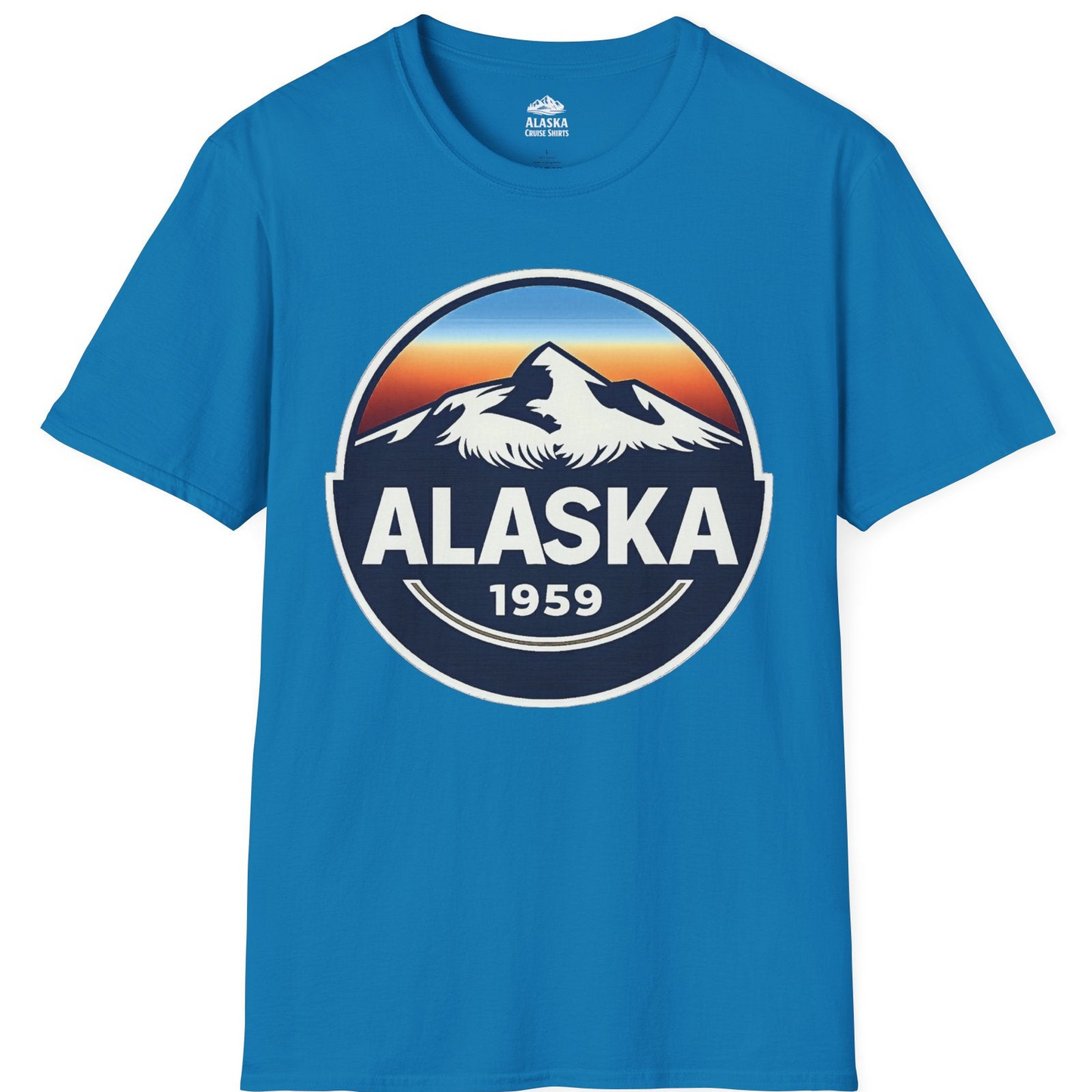 Alaska 1959 Retro Mountain Sunset Badge Shirt Vintage Statehood Tee — T-Shirt T-Shirt – Sapphire – Alaska Cruise Shirts