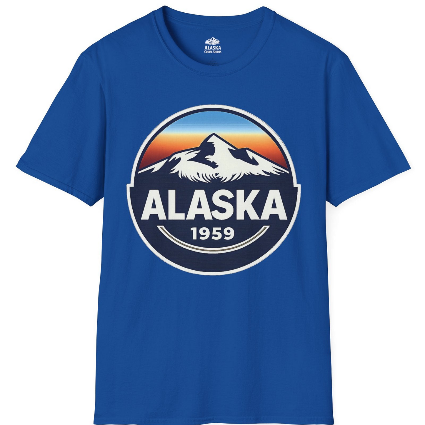Alaska 1959 Retro Mountain Sunset Badge Shirt Vintage Statehood Tee — T-Shirt T-Shirt – Royal – Alaska Cruise Shirts