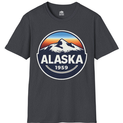 Alaska 1959 Retro Mountain Sunset Badge Shirt Vintage Statehood Tee — T-Shirt T-Shirt – Dark Heather Grey – Alaska Cruise Shirts