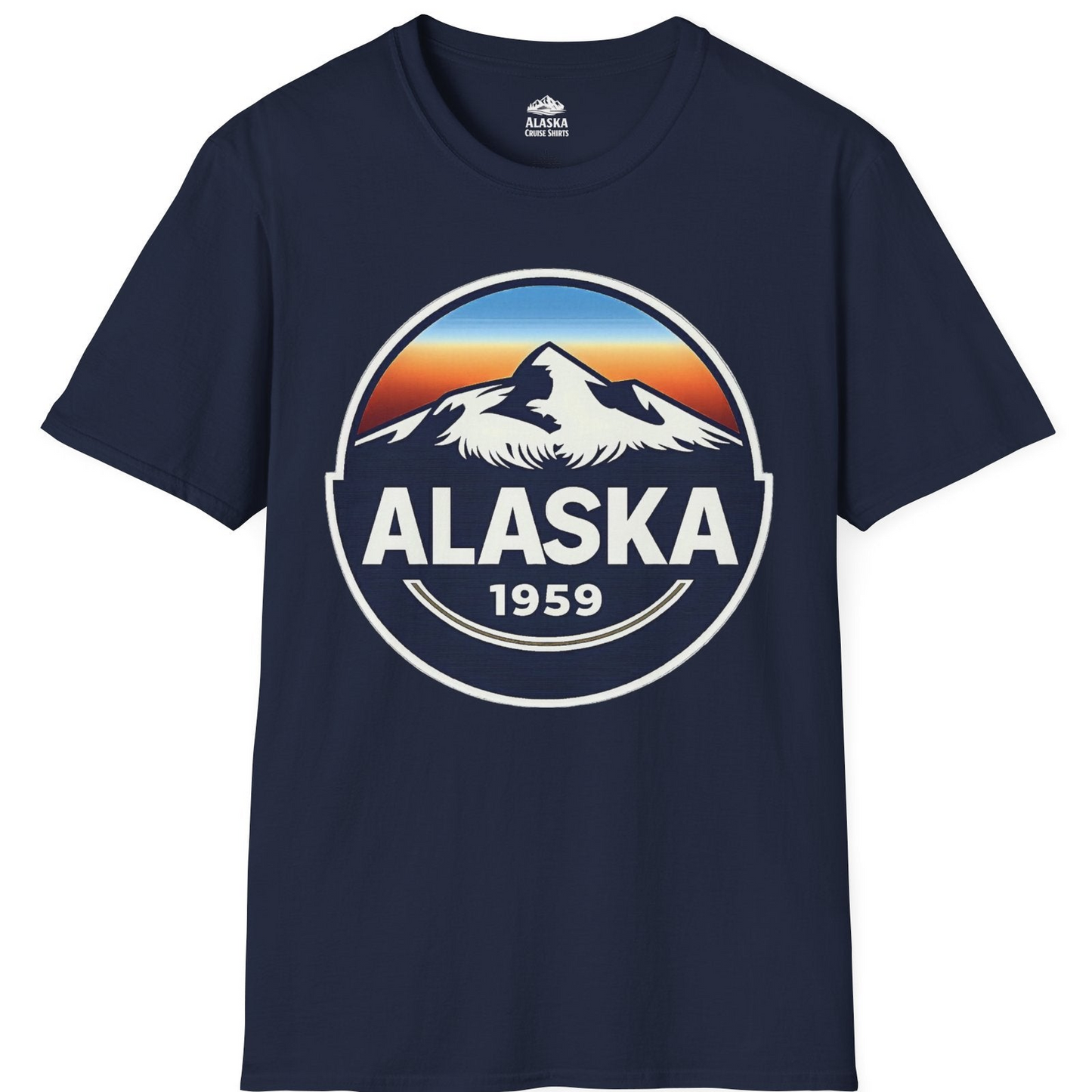 Alaska 1959 Retro Mountain Sunset Badge Shirt Vintage Statehood Tee — T-Shirt T-Shirt – Navy – Alaska Cruise Shirts
