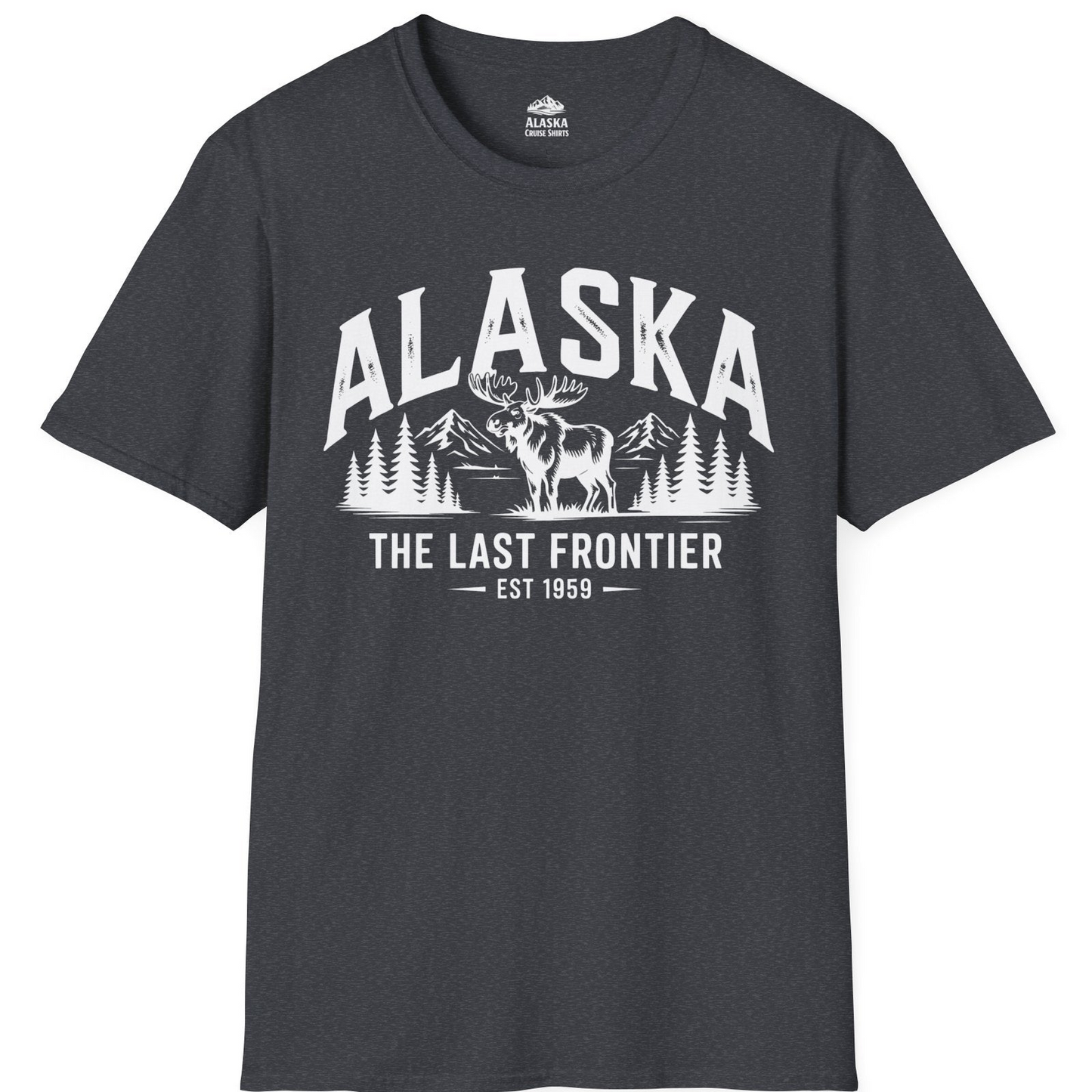 Alaska The Last Frontier Moose Mountain Wilderness Graphic Shirt — T-Shirt T-Shirt – Dark Heather Grey – Alaska Cruise Shirts