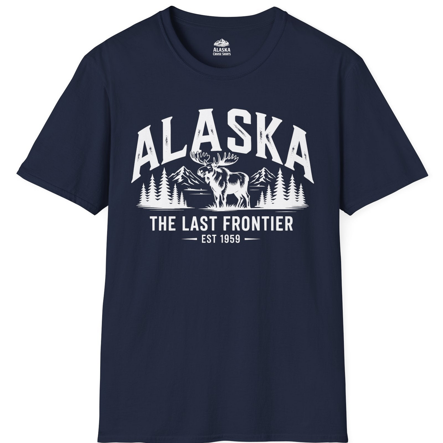 Alaska The Last Frontier Moose Mountain Wilderness Graphic Shirt — T-Shirt T-Shirt – Navy – Alaska Cruise Shirts
