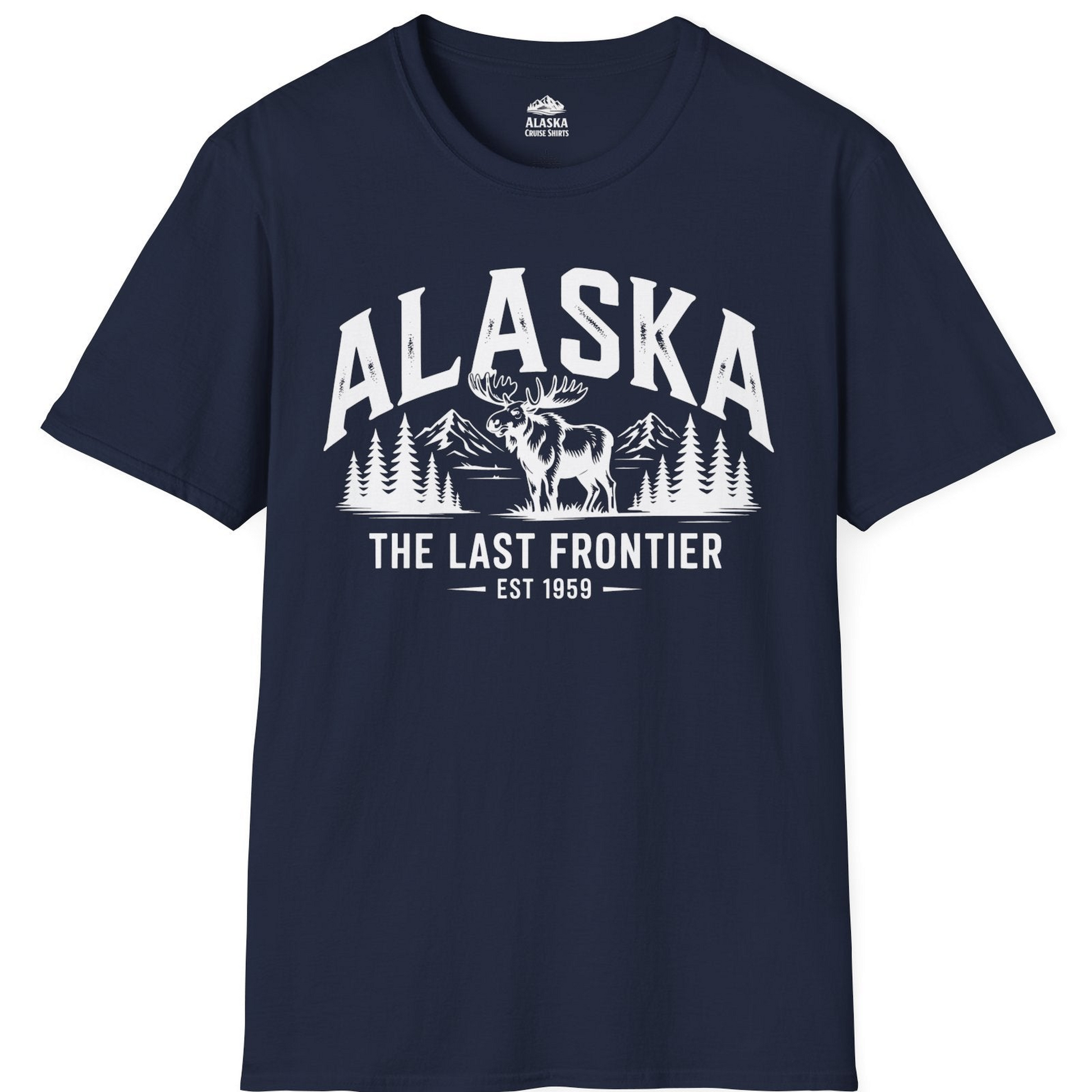 Alaska The Last Frontier Moose Mountain Wilderness Graphic Shirt — T-Shirt T-Shirt – Navy – Alaska Cruise Shirts