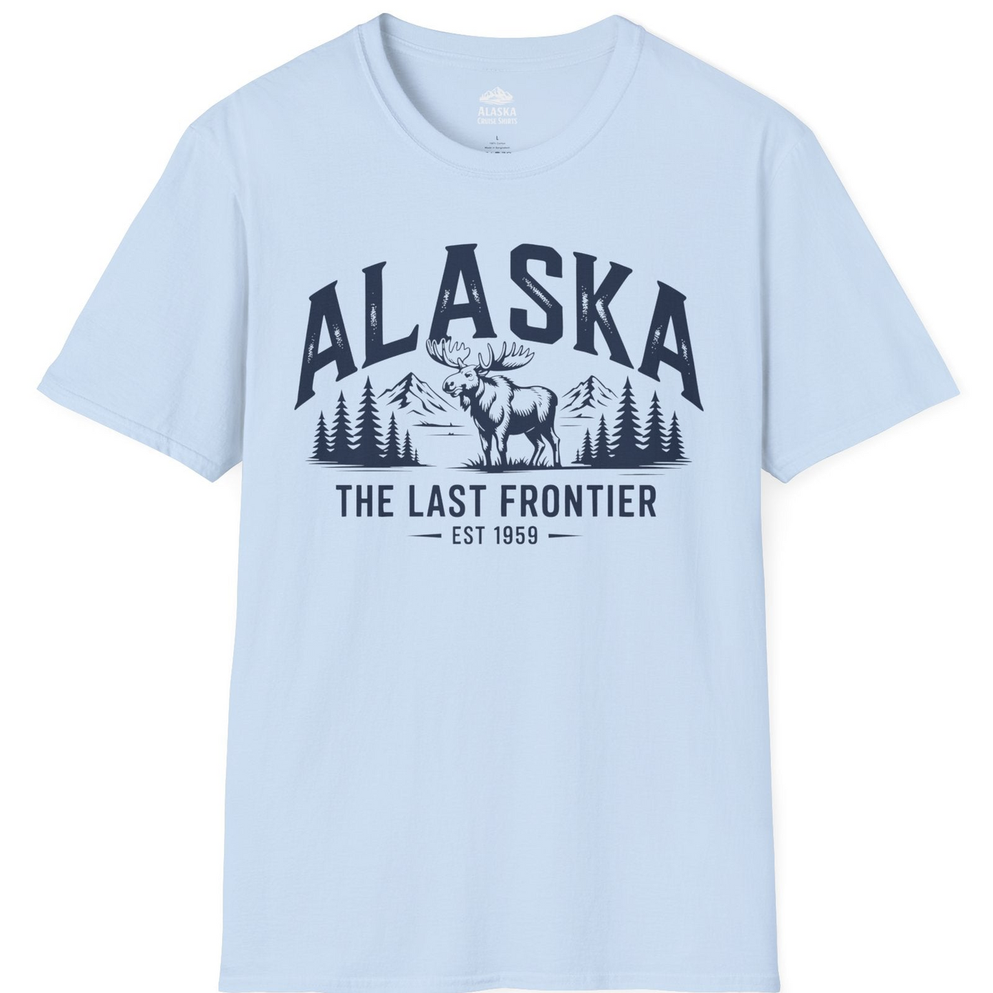Alaska The Last Frontier Moose Mountain Wilderness Graphic Shirt — T-Shirt T-Shirt – Light Blue – Alaska Cruise Shirts