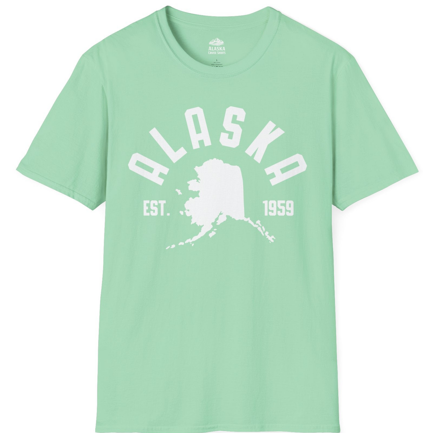 Vintage Alaska State Outline Est 1959 Retro Collegiate Shirt — T-Shirt T-Shirt – Mint Green – Alaska Cruise Shirts