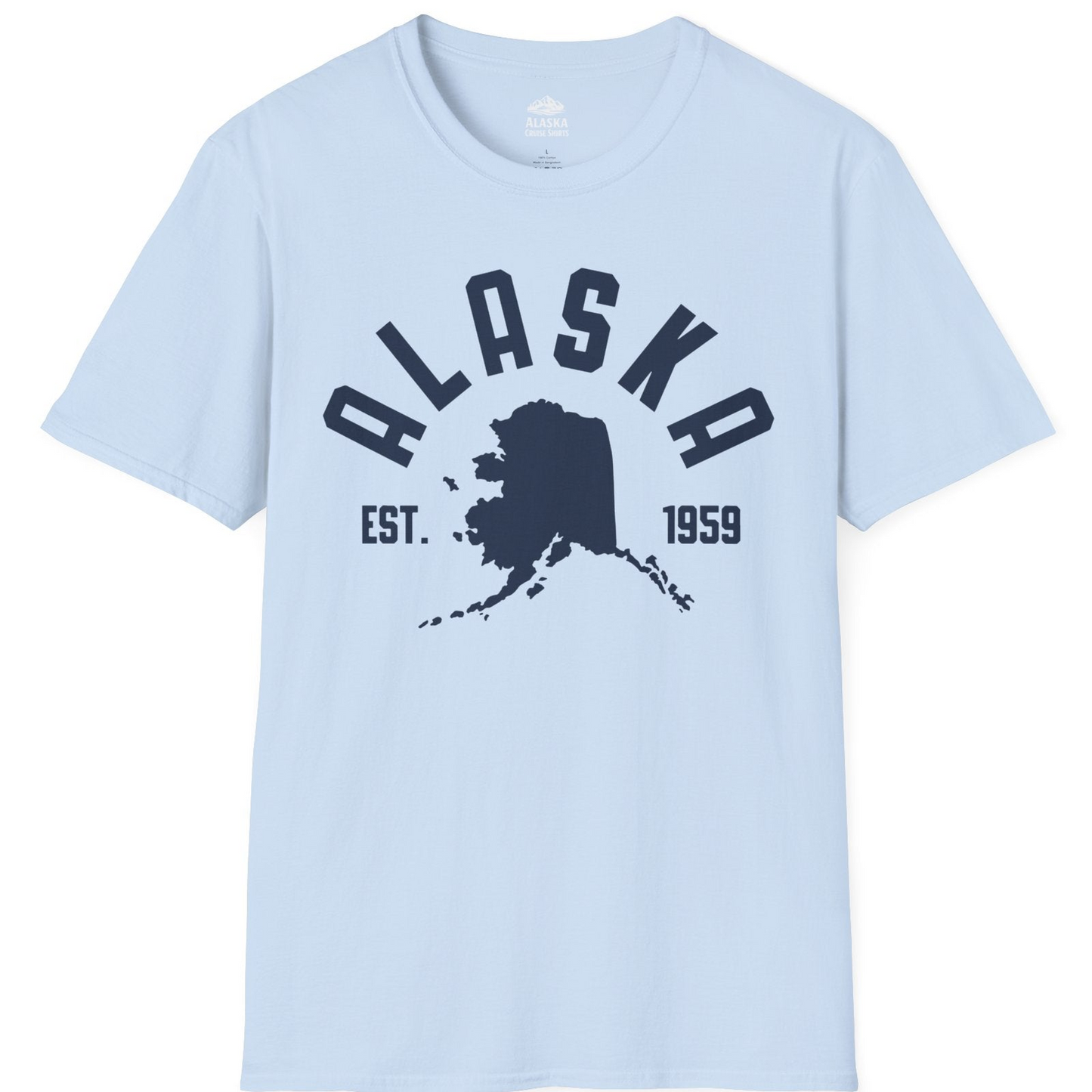 Vintage Alaska State Outline Est 1959 Retro Collegiate Shirt — T-Shirt T-Shirt – Light Blue – Alaska Cruise Shirts