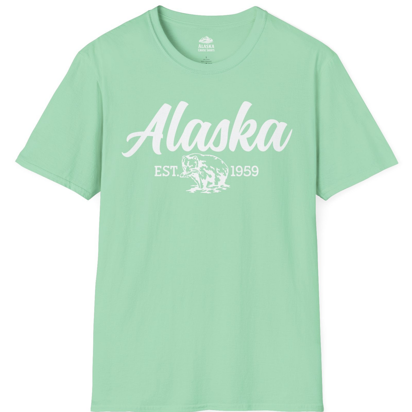 Alaska Bear Est 1959 Vintage Wildlife Graphic Monochrome Shirt — T-Shirt T-Shirt – Mint Green – Alaska Cruise Shirts