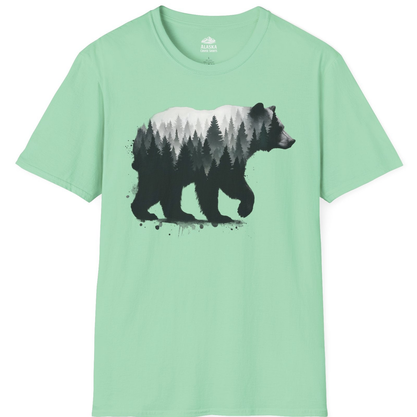 Bear Silhouette Forest Double Exposure Shirt T-Shirt – Mint Green – Alaska Cruise Shirts