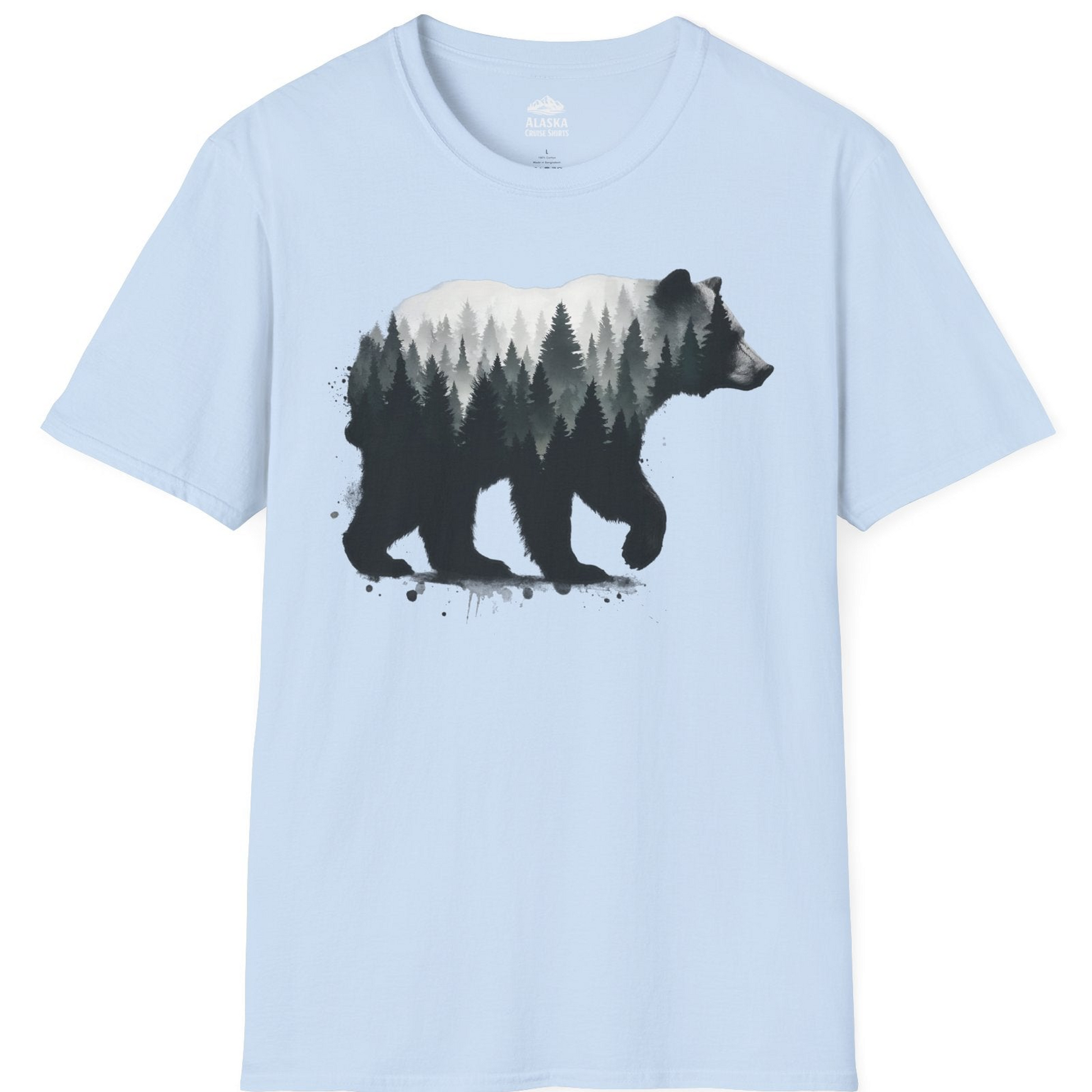 Bear Silhouette Forest Double Exposure Shirt T-Shirt – Light Blue – Alaska Cruise Shirts