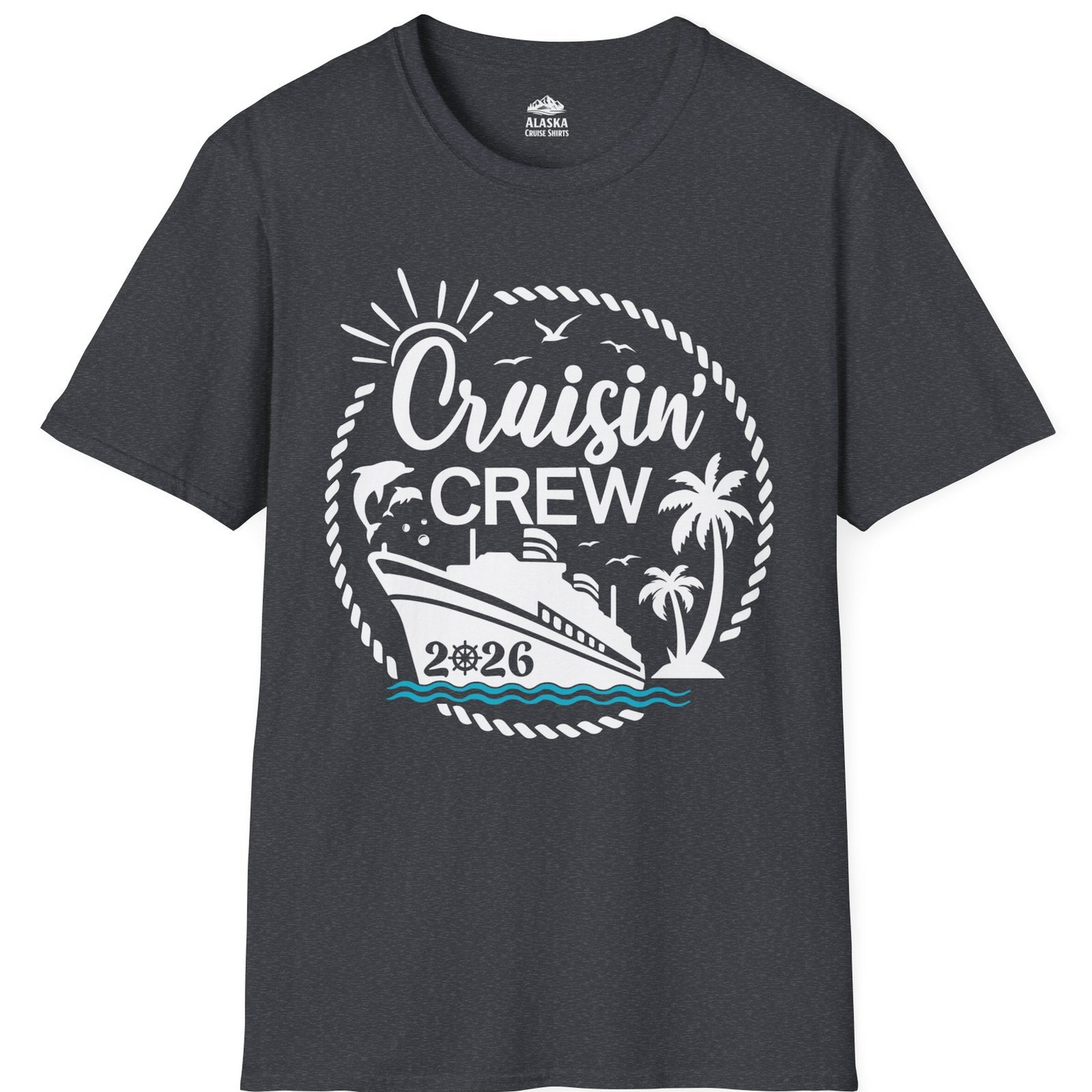 Cruisin Crew Shirt Tropical Family Group Cruise 2026 Caribbean Islands — T-Shirt T-Shirt – Dark Heather Grey – Alaska Cruise Shirts