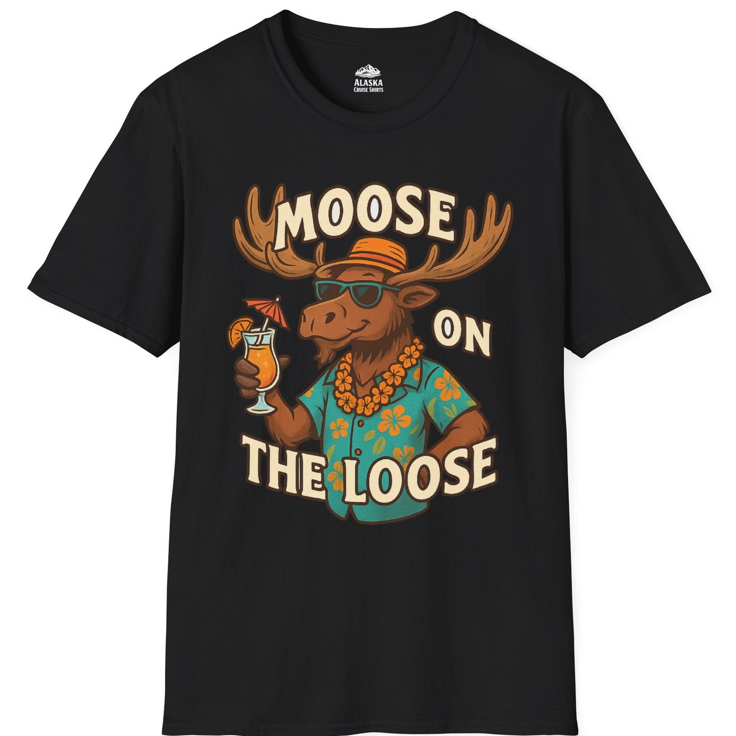 Moose On The Loose Funny Tropical Cartoon Vacation Shirt — T-Shirt T-Shirt – Black – Alaska Cruise Shirts