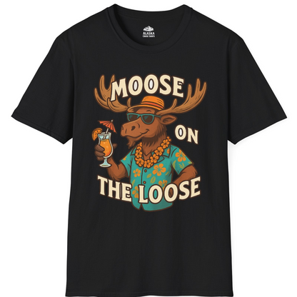 Moose On The Loose Funny Tropical Cartoon Vacation Shirt — T-Shirt T-Shirt – Black – Alaska Cruise Shirts
