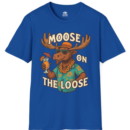 Moose On The Loose Funny Tropical Cartoon Vacation Shirt — T-Shirt T-Shirt – Royal – Alaska Cruise Shirts