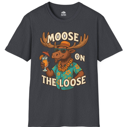 Moose On The Loose Funny Tropical Cartoon Vacation Shirt — T-Shirt T-Shirt – Dark Heather Grey – Alaska Cruise Shirts