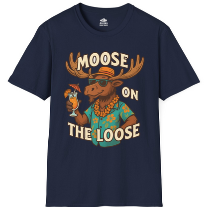 Moose On The Loose Funny Tropical Cartoon Vacation Shirt — T-Shirt T-Shirt – Navy – Alaska Cruise Shirts