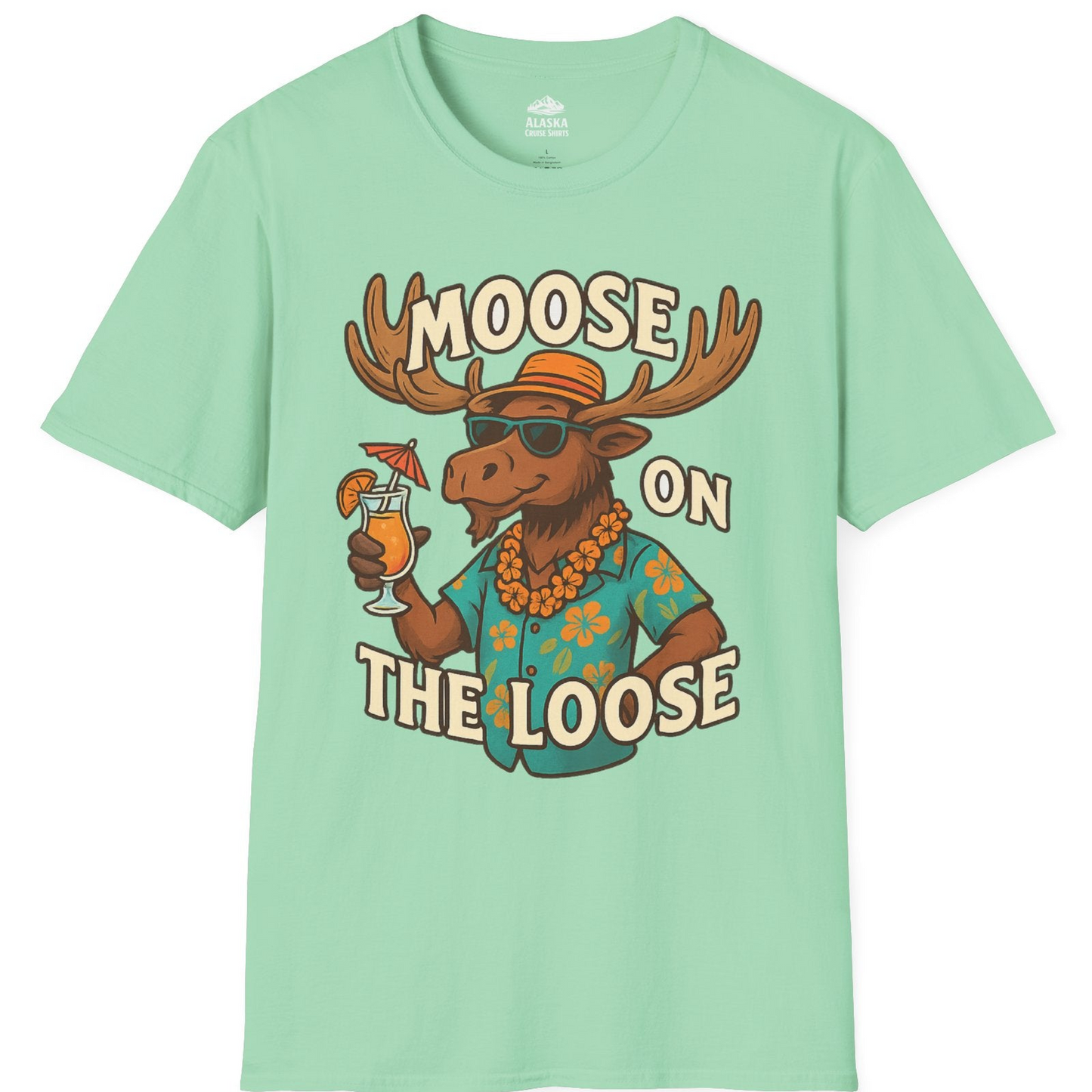 Moose On The Loose Funny Tropical Cartoon Vacation Shirt — T-Shirt T-Shirt – Mint Green – Alaska Cruise Shirts