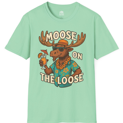 Moose On The Loose Funny Tropical Cartoon Vacation Shirt — T-Shirt T-Shirt – Mint Green – Alaska Cruise Shirts