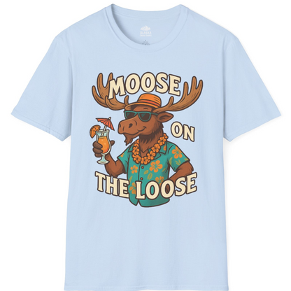 Moose On The Loose Funny Tropical Cartoon Vacation Shirt — T-Shirt T-Shirt – Light Blue – Alaska Cruise Shirts