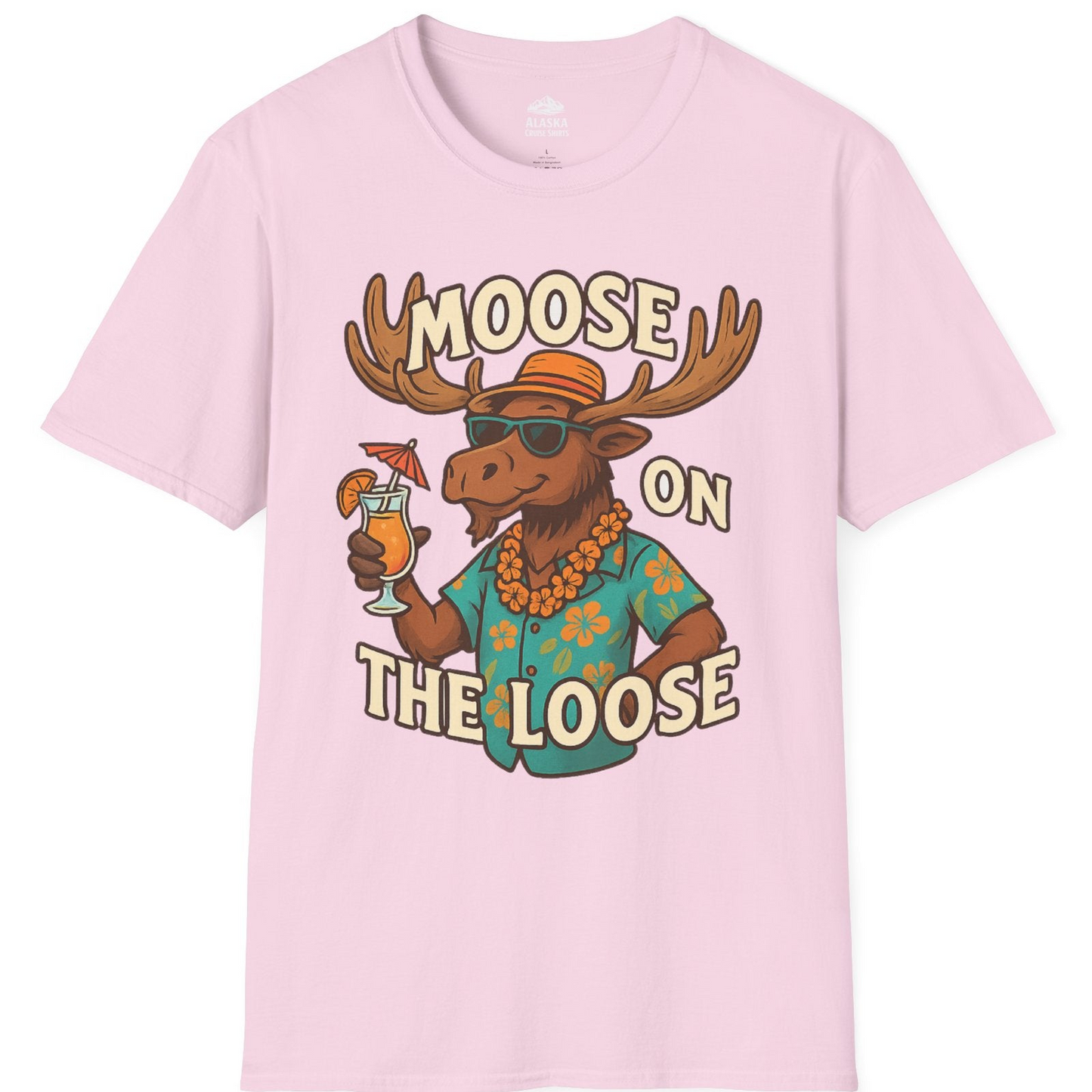Moose On The Loose Funny Tropical Cartoon Vacation Shirt — T-Shirt T-Shirt – Light Pink – Alaska Cruise Shirts