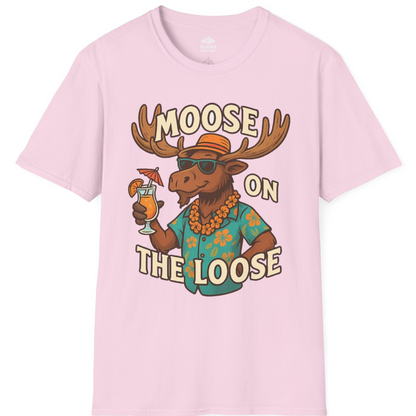 Moose On The Loose Funny Tropical Cartoon Vacation Shirt — T-Shirt T-Shirt – Light Pink – Alaska Cruise Shirts