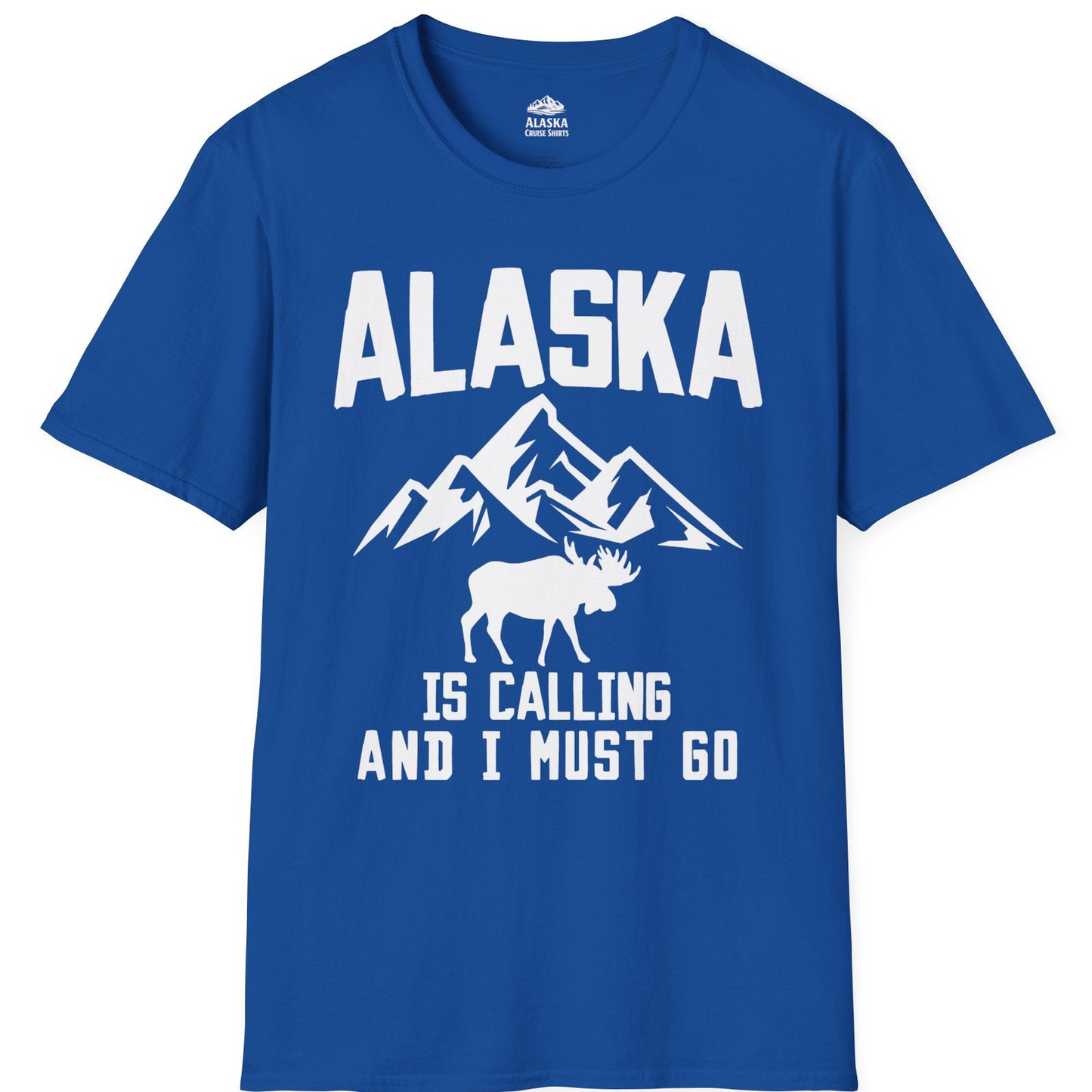 Alaska Is Calling Moose Mountains Adventure Silhouette Nature Shirt — T-Shirt T-Shirt – Royal – Alaska Cruise Shirts