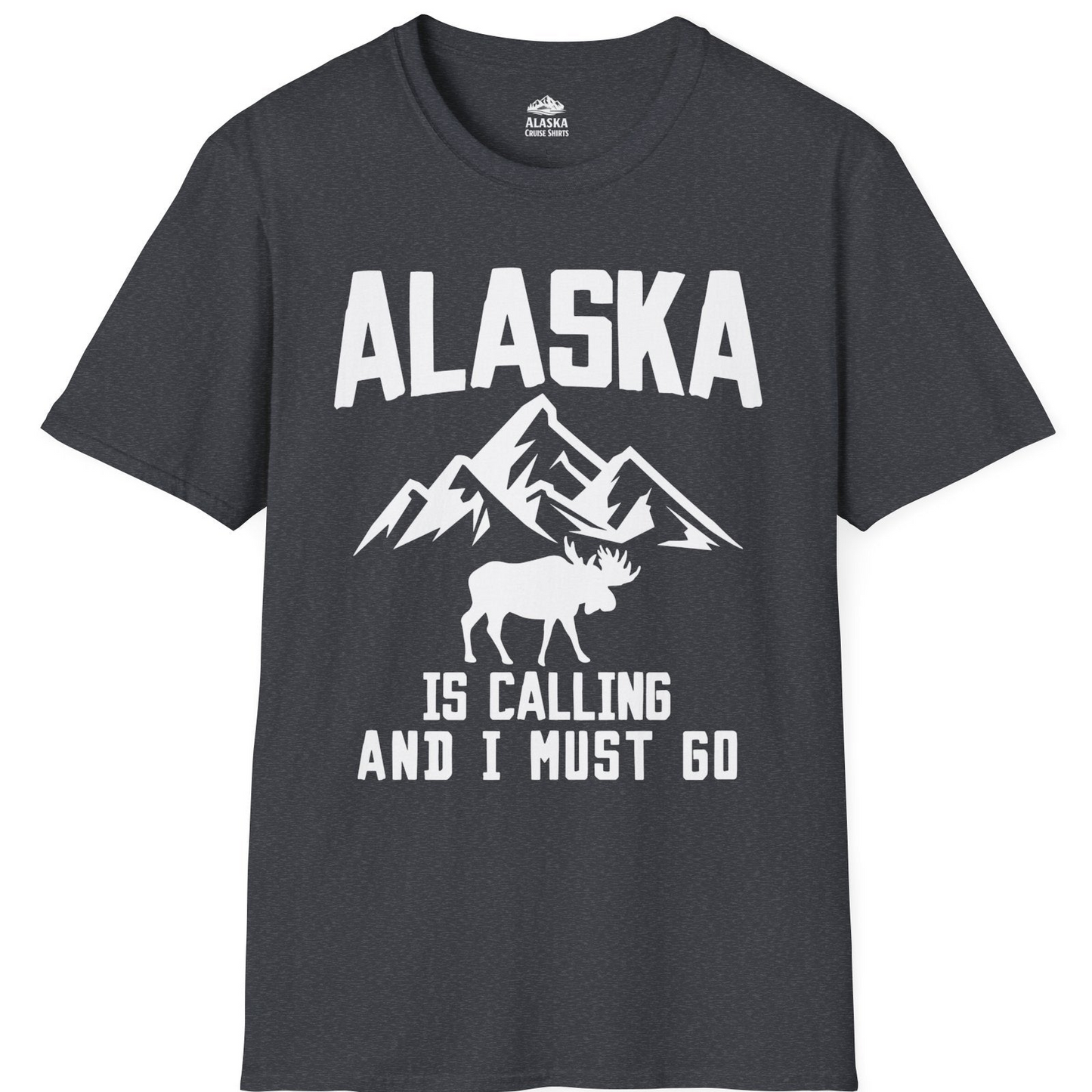 Alaska Is Calling Moose Mountains Adventure Silhouette Nature Shirt — T-Shirt T-Shirt – Dark Heather Grey – Alaska Cruise Shirts
