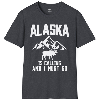 Alaska Is Calling Moose Mountains Adventure Silhouette Nature Shirt — T-Shirt T-Shirt – Dark Heather Grey – Alaska Cruise Shirts