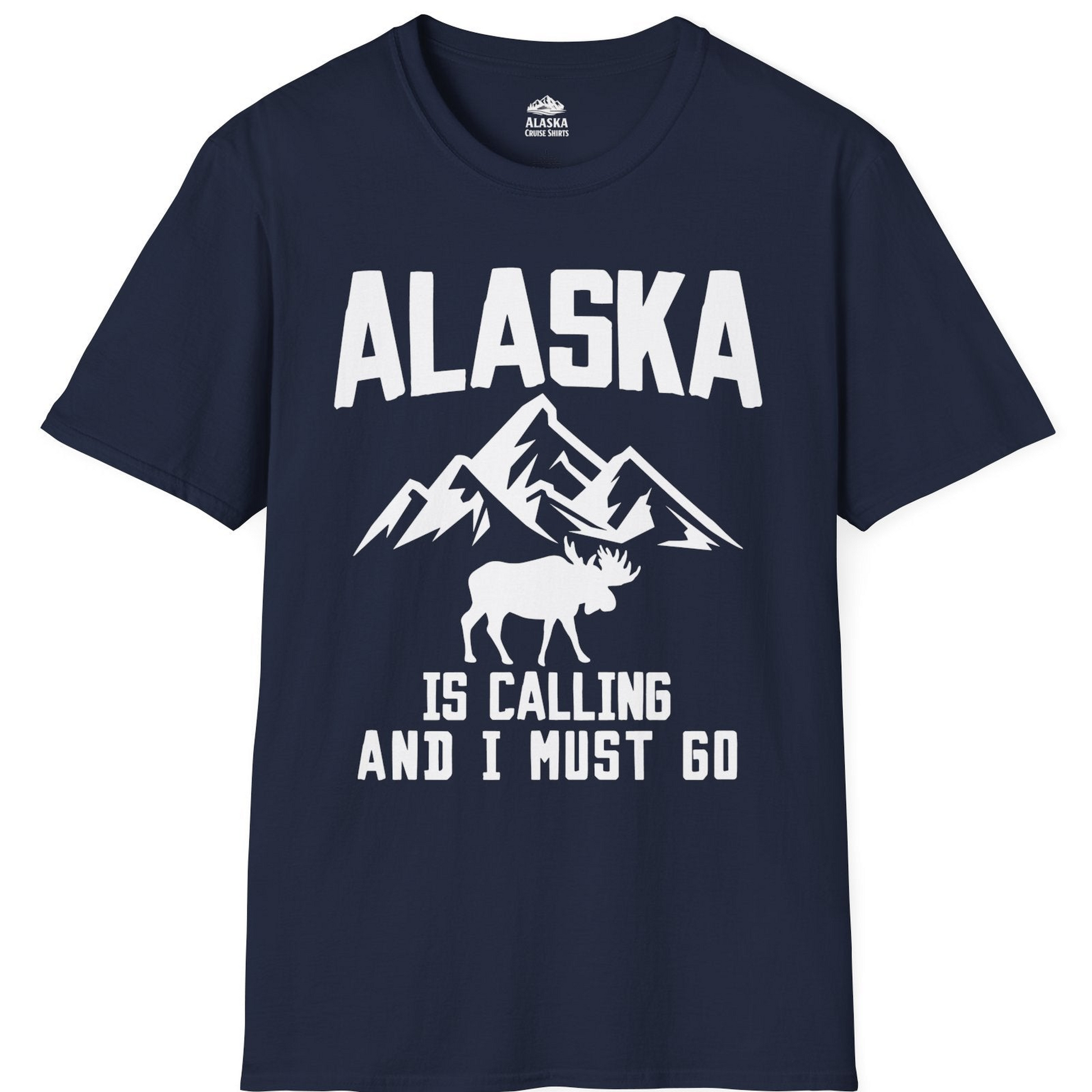 Alaska Is Calling Moose Mountains Adventure Silhouette Nature Shirt — T-Shirt T-Shirt – Navy – Alaska Cruise Shirts