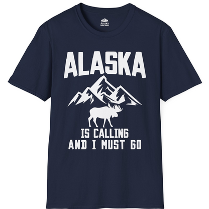 Alaska Is Calling Moose Mountains Adventure Silhouette Nature Shirt — T-Shirt T-Shirt – Navy – Alaska Cruise Shirts