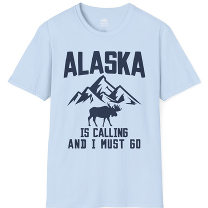Alaska Is Calling Moose Mountains Adventure Silhouette Nature Shirt — T-Shirt T-Shirt – Light Blue – Alaska Cruise Shirts
