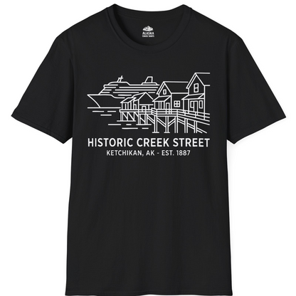 Ketchikan Creek Street Alaska Waterfront and Cruise Ship Shirt — T-Shirt T-Shirt – Black – Alaska Cruise Shirts