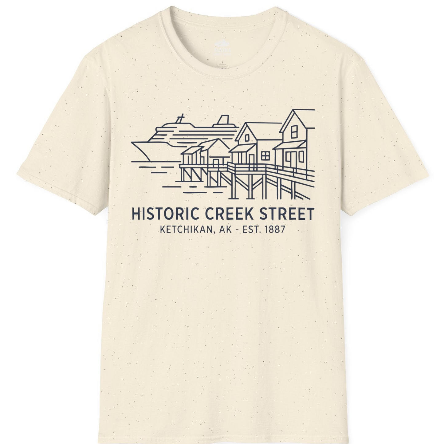Ketchikan Creek Street Alaska Waterfront and Cruise Ship Shirt — T-Shirt T-Shirt – Natural – Alaska Cruise Shirts
