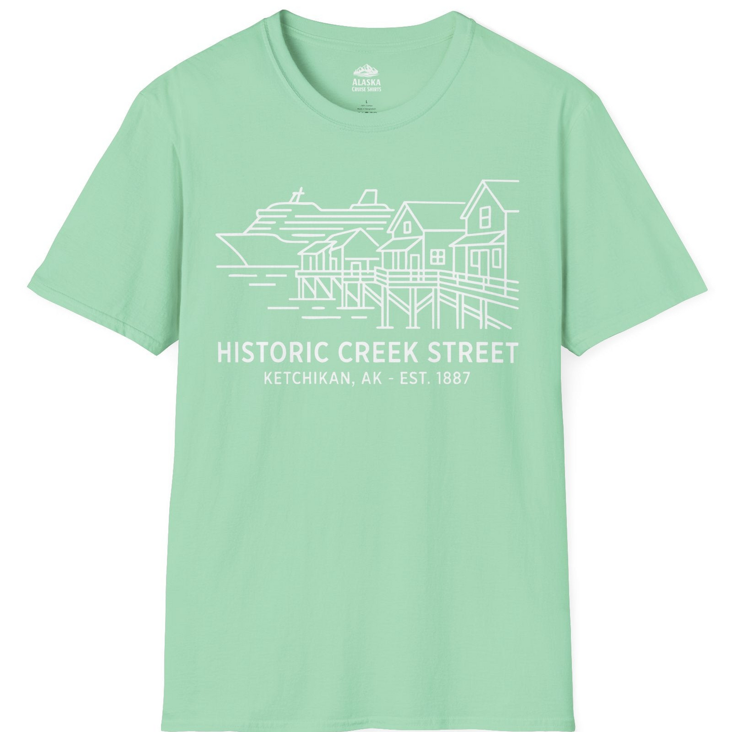 Ketchikan Creek Street Alaska Waterfront and Cruise Ship Shirt — T-Shirt T-Shirt – Mint Green – Alaska Cruise Shirts