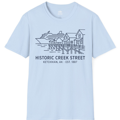 Ketchikan Creek Street Alaska Waterfront and Cruise Ship Shirt — T-Shirt T-Shirt – Light Blue – Alaska Cruise Shirts