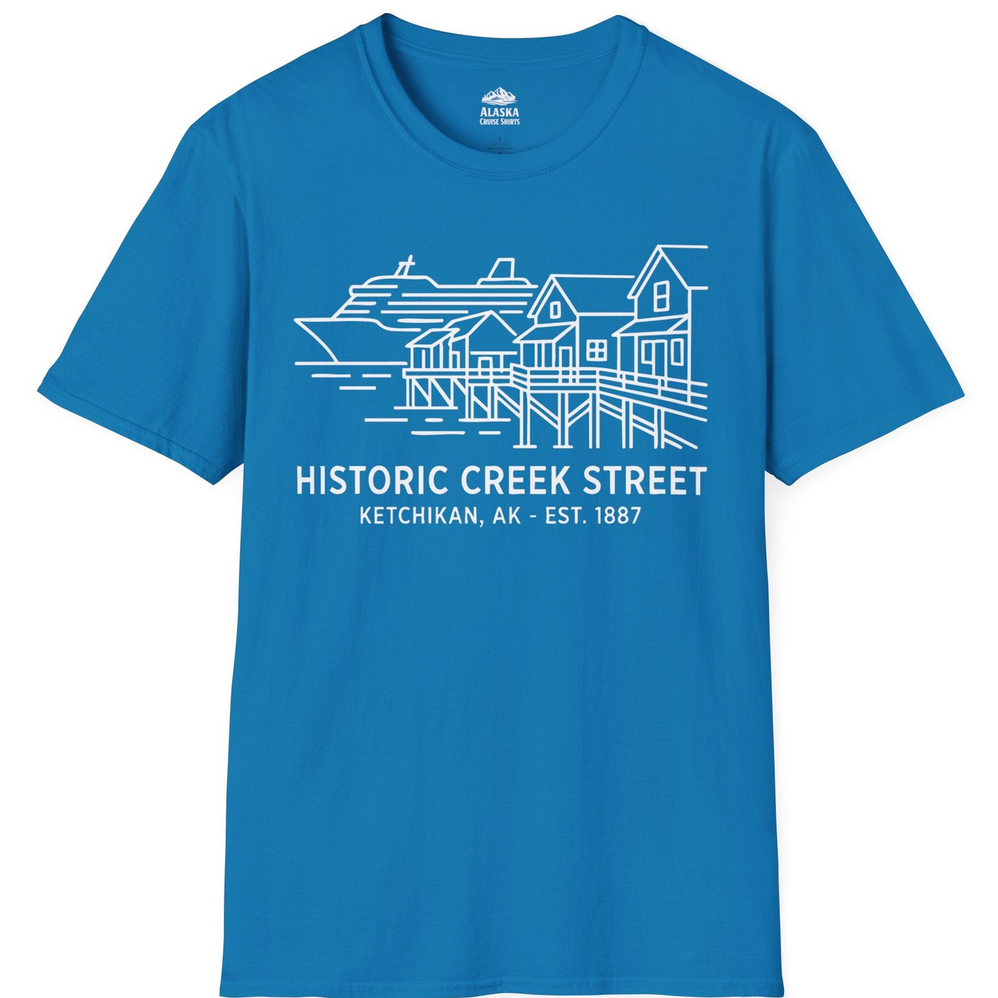 Ketchikan Creek Street Alaska Waterfront and Cruise Ship Shirt — T-Shirt T-Shirt – Sapphire – Alaska Cruise Shirts
