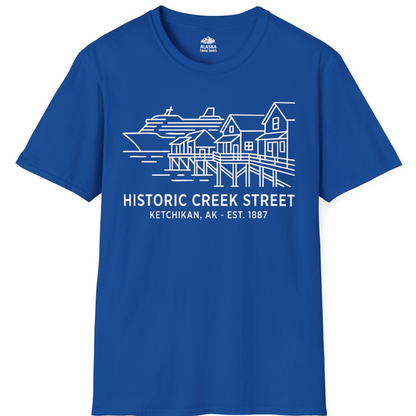 Ketchikan Creek Street Alaska Waterfront and Cruise Ship Shirt — T-Shirt T-Shirt – Royal – Alaska Cruise Shirts