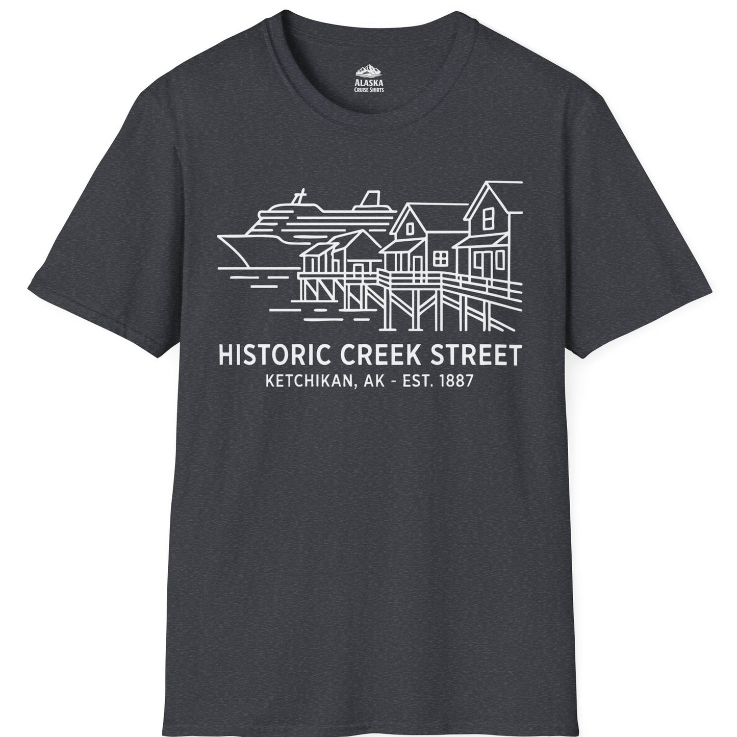 Ketchikan Creek Street Alaska Waterfront and Cruise Ship Shirt — T-Shirt T-Shirt – Dark Heather Grey – Alaska Cruise Shirts