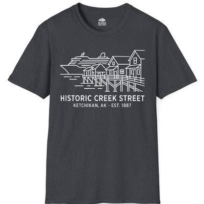 Ketchikan Creek Street Alaska Waterfront and Cruise Ship Shirt — T-Shirt T-Shirt – Dark Heather Grey – Alaska Cruise Shirts