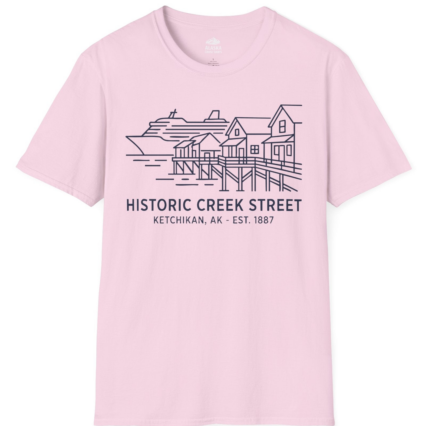 Ketchikan Creek Street Alaska Waterfront and Cruise Ship Shirt — T-Shirt T-Shirt – Light Pink – Alaska Cruise Shirts