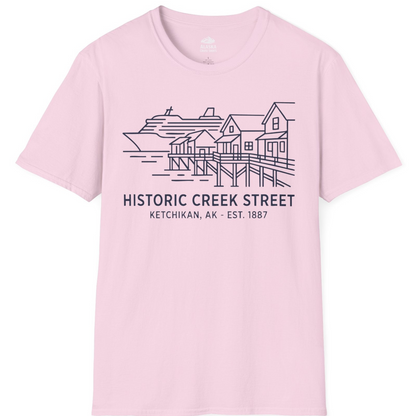 Ketchikan Creek Street Alaska Waterfront and Cruise Ship Shirt — T-Shirt T-Shirt – Light Pink – Alaska Cruise Shirts