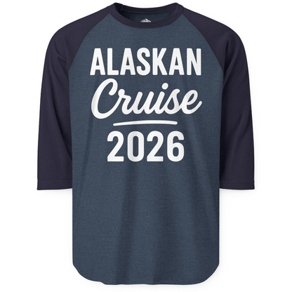 Alaskan Cruise 2026 Bold Script Vacation Group Travel Shirt — 3/4 Sleeve T-Shirt – Heather Denim/Navy – Alaska Cruise Shirts