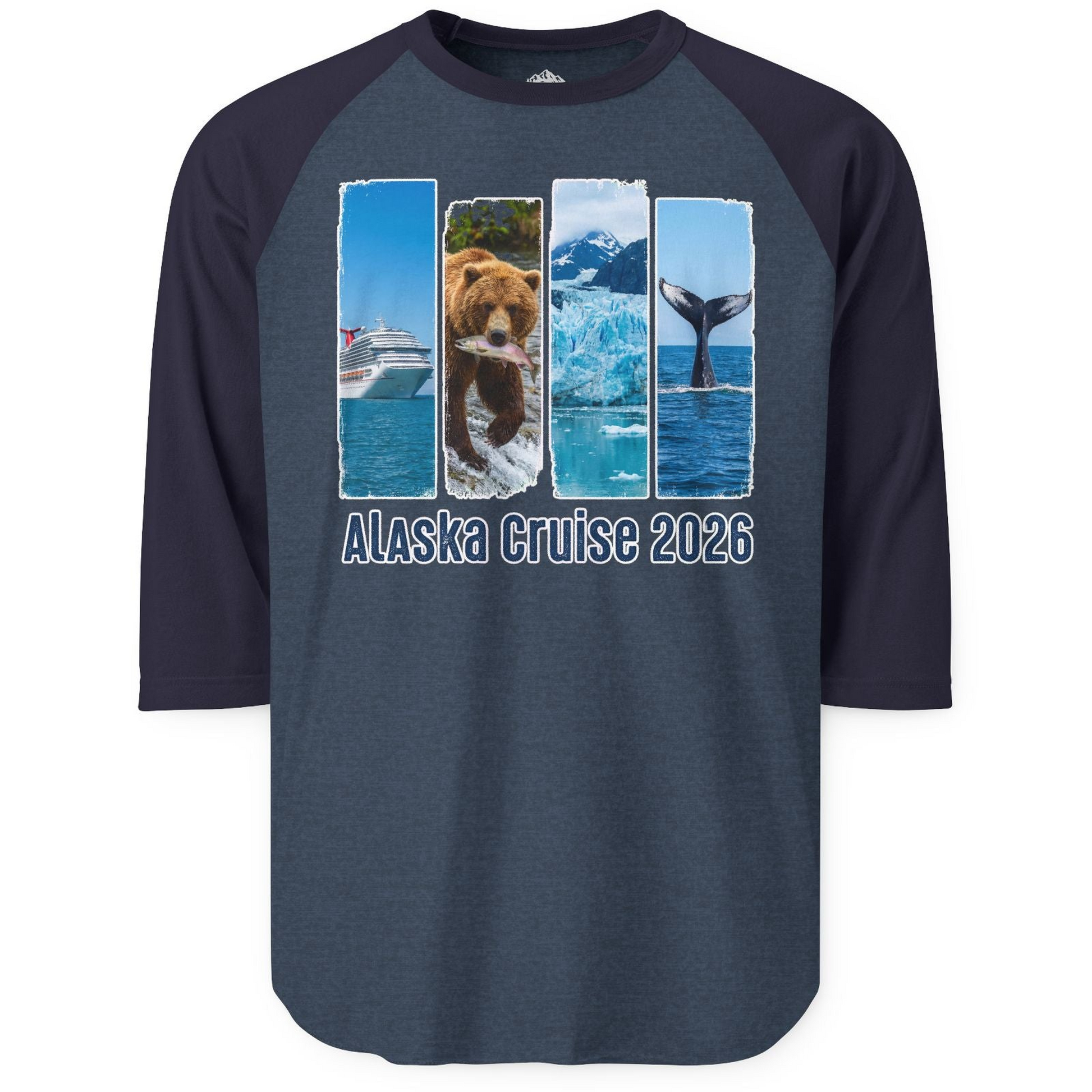 Alaska Cruise 2026 Wildlife Nature Adventure Vacation Shirt — 3/4 Sleeve T-Shirt – Heather Denim/Navy – Alaska Cruise Shirts