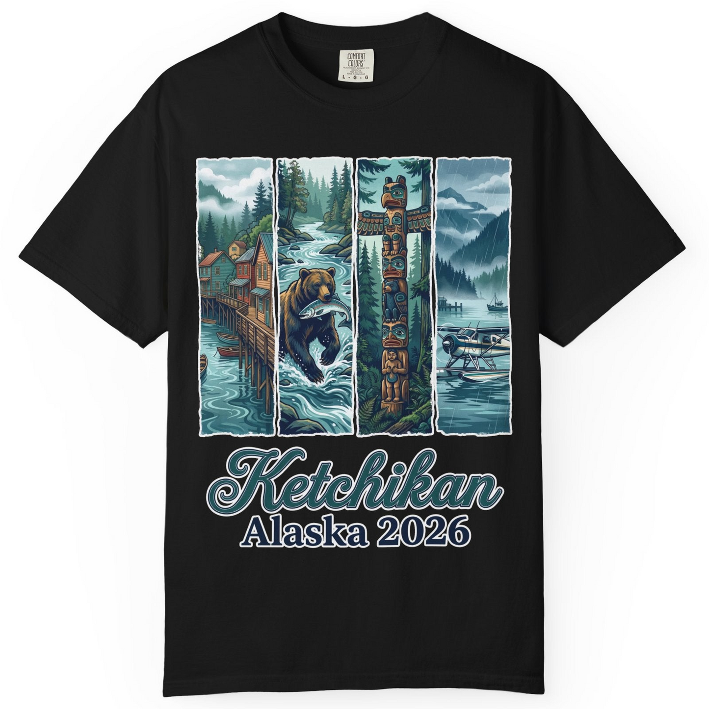 Ketchikan Alaska 2026 Scenic Nature and Totem Pole Art T-Shirt — Comfort T-Shirt – Black – Alaska Cruise Shirts